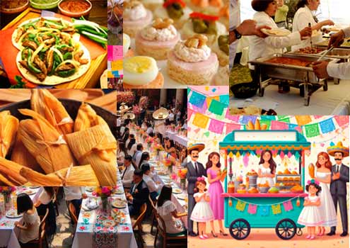 Collage de imagenes de catering, taquizas, coffe break, bocadillos, carrito de snacks