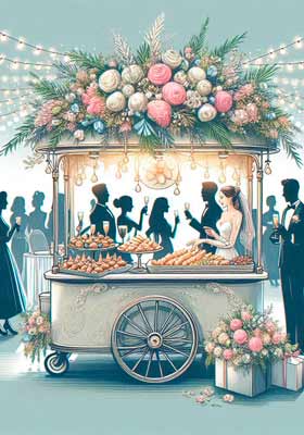 Carrito de snacks preparado para eventos de bodas.