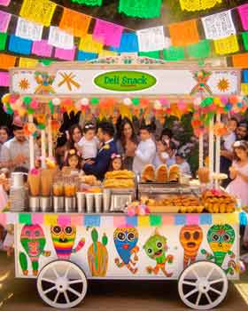 Carrito de snacks preparado para eventos de bautizos.